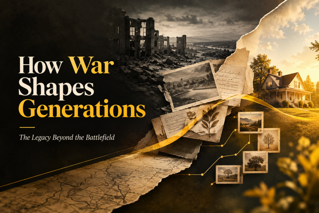Life After the War on Terror showing a 2001 calendar, historical maps, photographs, and a city skyline representing generational change.