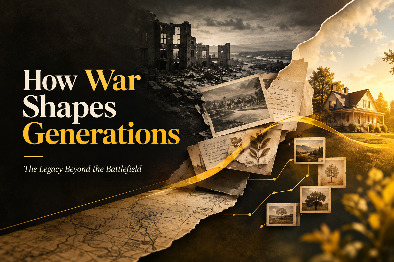 Life After the War on Terror showing a 2001 calendar, historical maps, photographs, and a city skyline representing generational change.