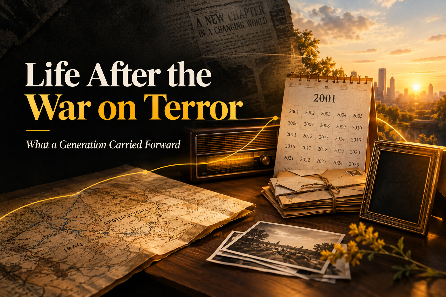 How War Shapes Generations showing wartime ruins transitioning into a peaceful family home, with photographs, letters, and a map representing the lasting legacy of war.