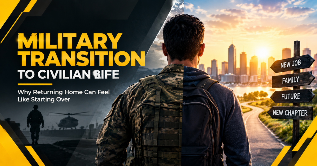 Veteran transitioning from military service to civilian life while adjusting to a new identity and future